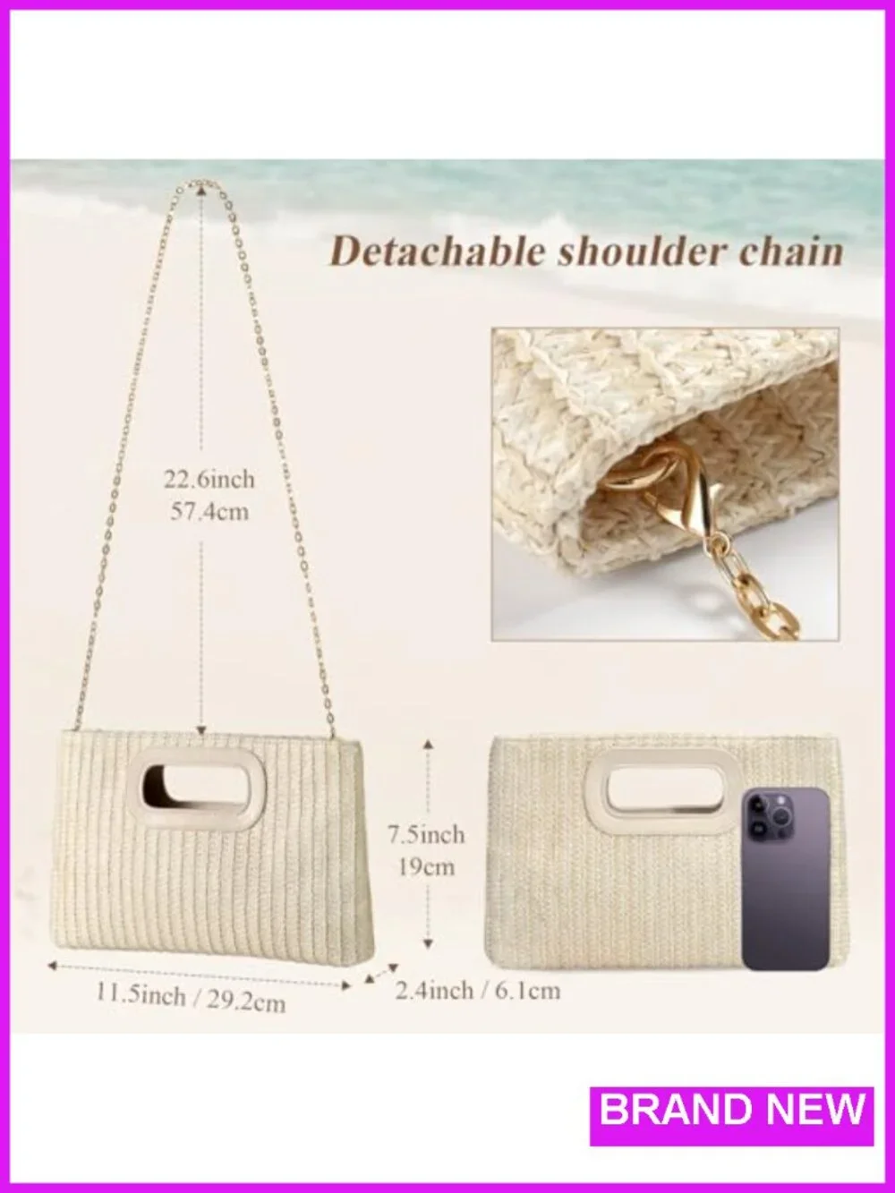Faux Straw Woven Clutch Purse with Detachable Chain Strap for Beach Wedding
